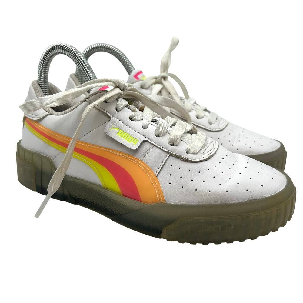 PUMA Cali Neon Iced Sneakers 6.5 White Rainbow Clear Sole Leather Retro Court